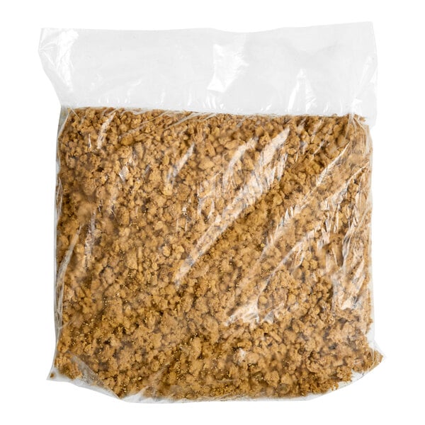 A clear plastic bag containing plant-based vegan Italian sausage style crumbles.