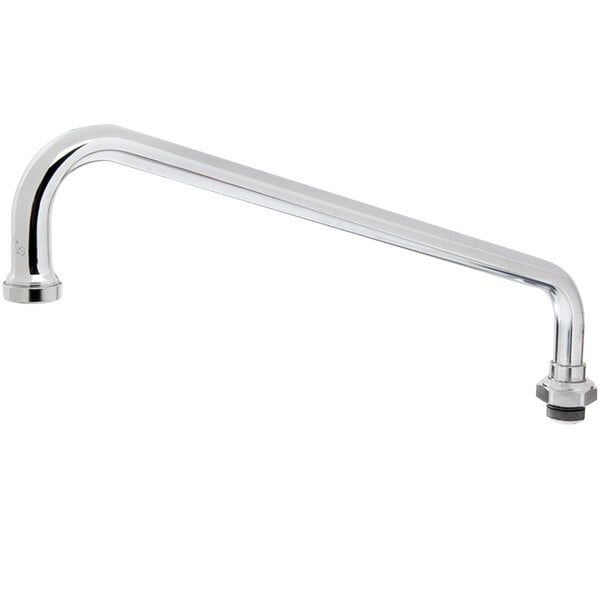 A chrome T&S faucet with a long silver swing nozzle and riser.