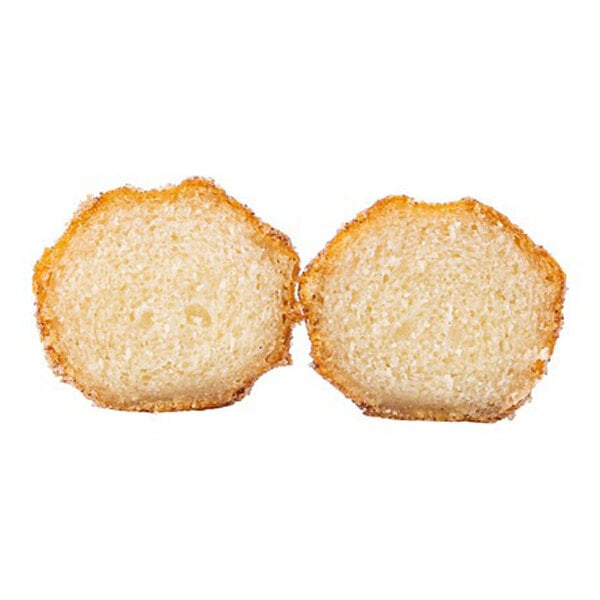 A pair of round, golden-brown churro bites with a sugar-coated exterior and a soft, airy interior.