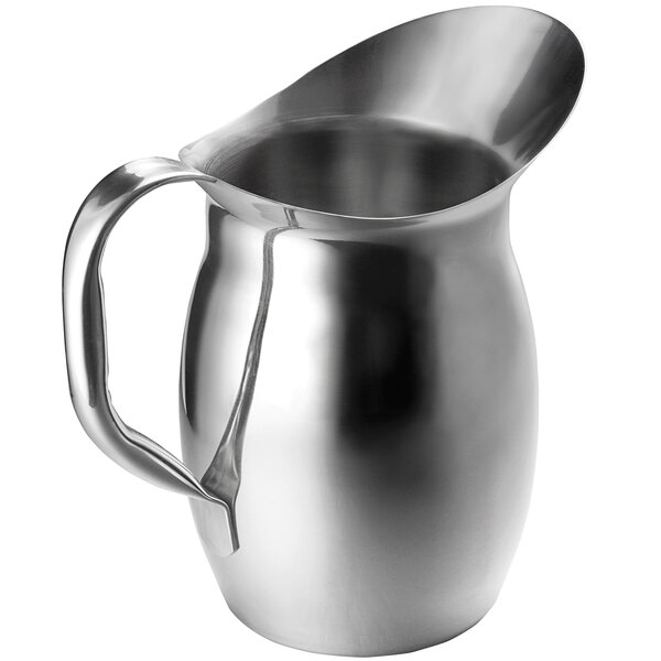 A stainless steel bell pitcher with a handle and a wide spout.