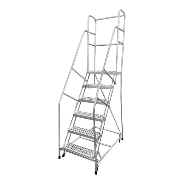 A six-step welded aluminum rolling ladder with handrails and serrated tread.