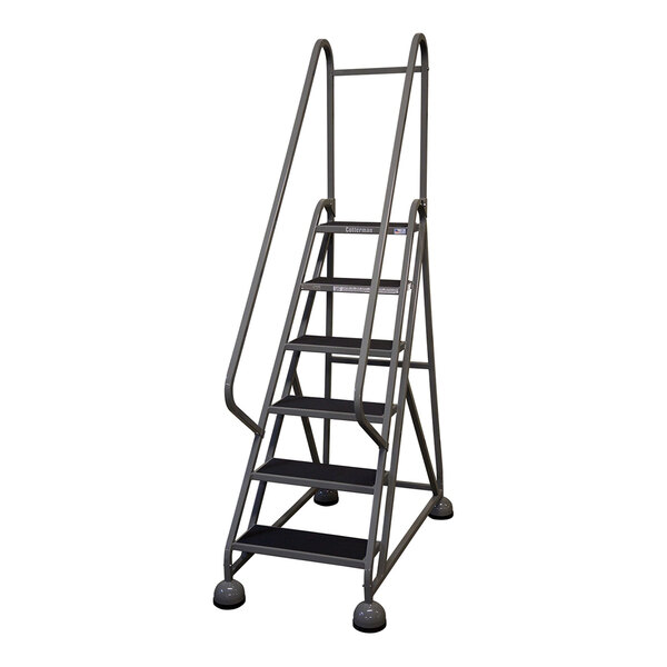 A gray powder-coated steel rolling office ladder with six steps and handrails.
