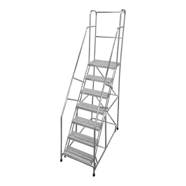 A seven-step welded aluminum rolling ladder with handrails and serrated tread.