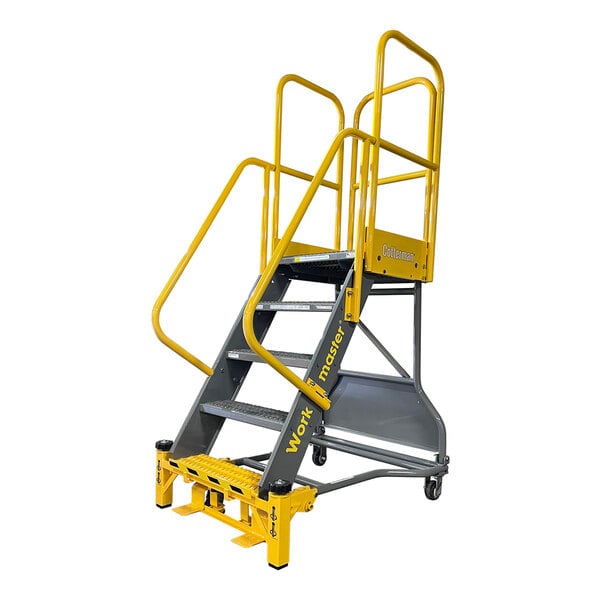 A heavy-duty, five-step rolling steel ladder with yellow handrails and perforated treads.