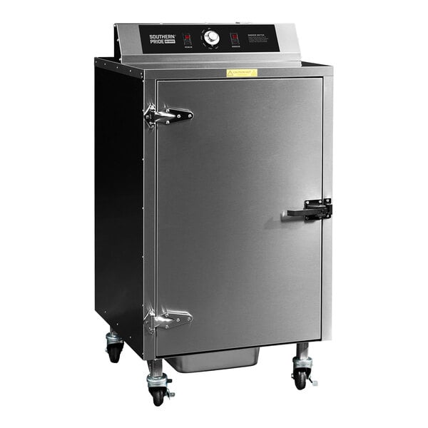 A stainless steel electric wood-fired stationary rack smoker with a front door and control panel on top.