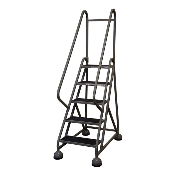 A gray powder-coated steel rolling office ladder with five steps and handrails.