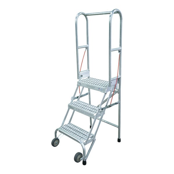 A three-step aluminum foldable rolling ladder with handrails and wheels.