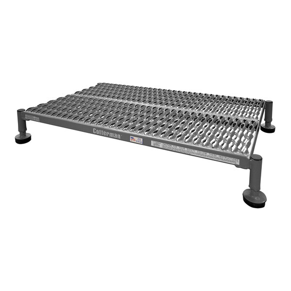 A steel adjustable 1-step work platform with a serrated tread and rubber grips.