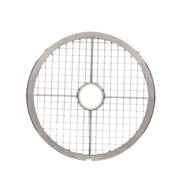 A round stainless steel plate with holes.