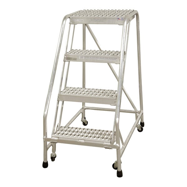 A four-step welded aluminum rolling ladder with serrated tread and a 350 lb. capacity.