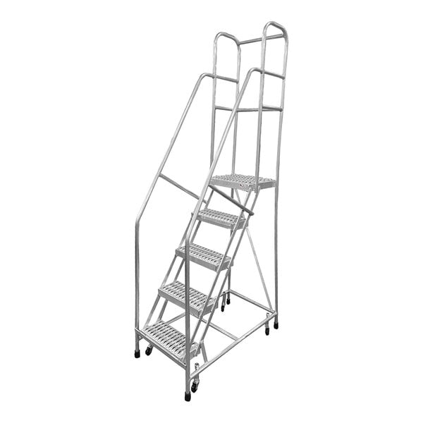 A five-step welded aluminum rolling ladder with handrails and serrated tread.