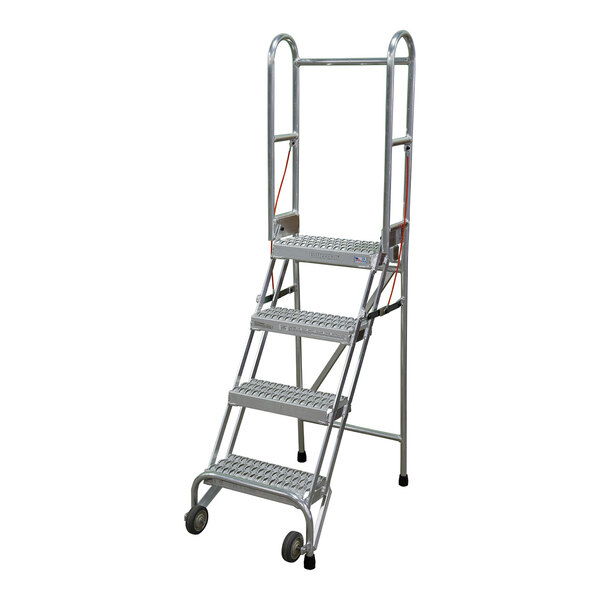 A four-step aluminum foldable rolling ladder with handrails and wheels.