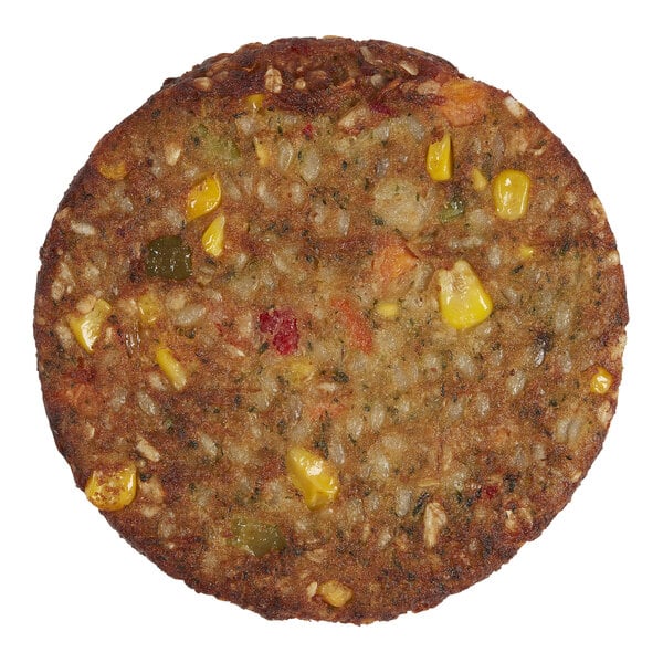 A round Malibu veggie burger patty with visible pieces of corn and vegetables.