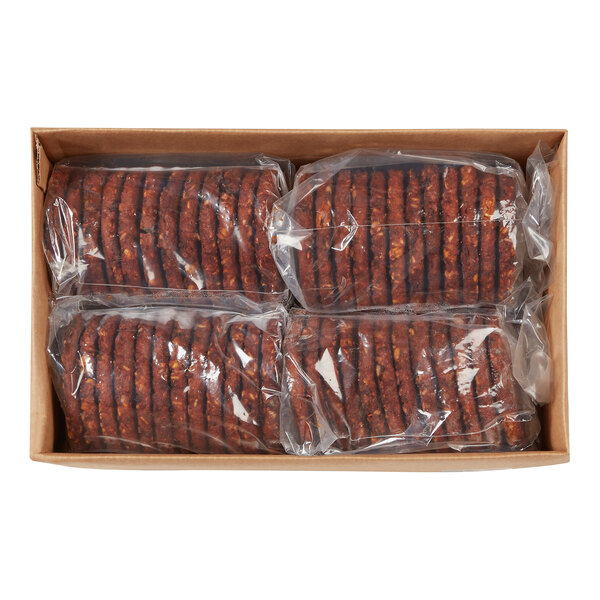 A box containing 48 individually packed MorningStar Farms spicy black bean burgers.