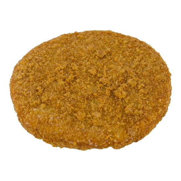 A round, breaded vegan chicken patty.