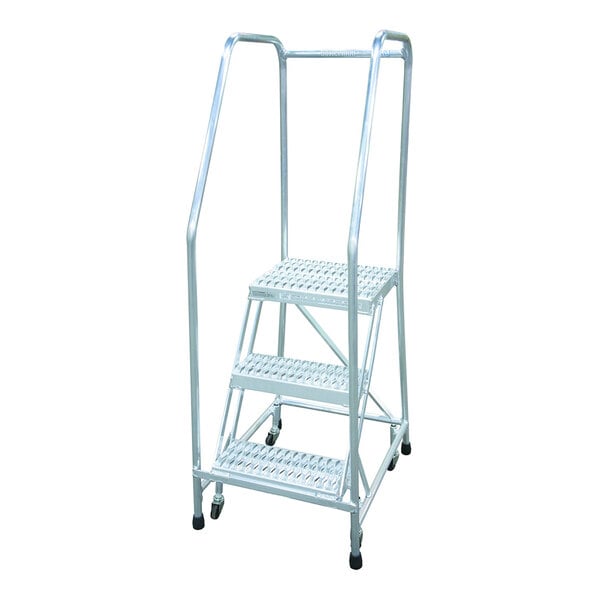 A three-step welded aluminum rolling ladder with handrails and serrated tread.