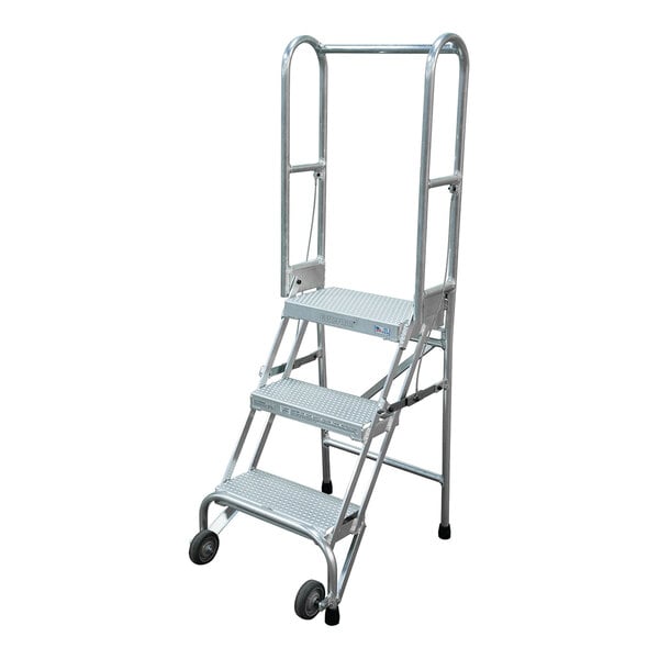 A three-step aluminum foldable rolling ladder with perforated tread and handrails.