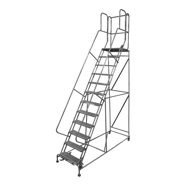 A large gray powder-coated steel rolling ladder with twelve perforated steps and safety rails.