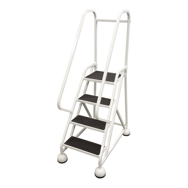 A four-step gray powder-coated steel rolling office ladder with handrails and a 450 lb. capacity.