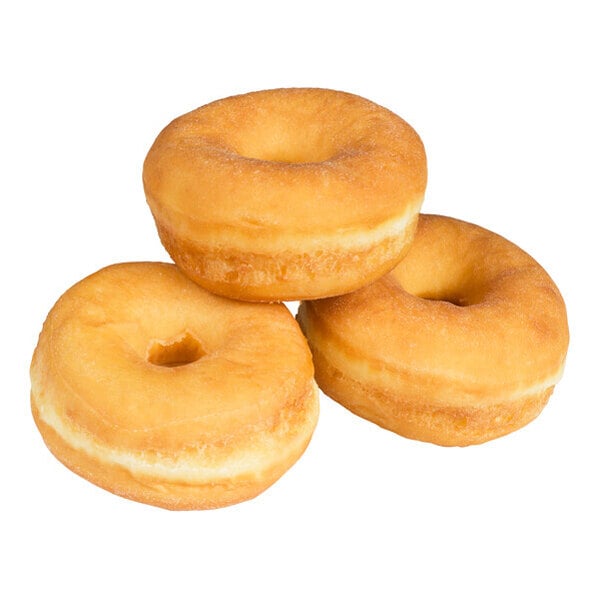 A group of three plain yeast-risen mini donut rings.