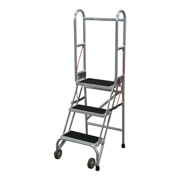 A three-step aluminum foldable rolling ladder with ribbed vinyl treads and a handrail.