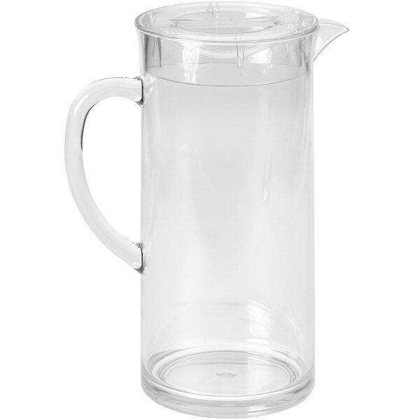 A clear plastic beverage pitcher with a handle, spout, and lid.