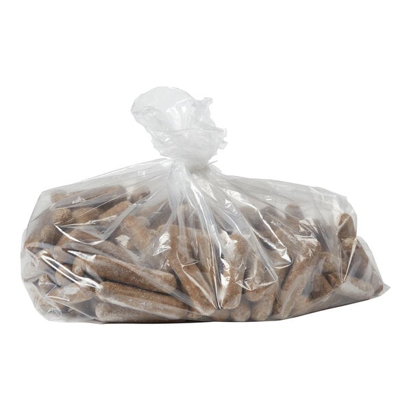 A clear plastic bag filled with plant-based vegetarian breakfast sausage links.
