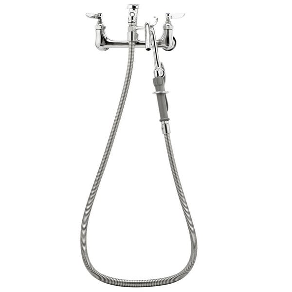 A T&S wall mount pot and kettle filler faucet with a hose and quick disconnect spray valve.