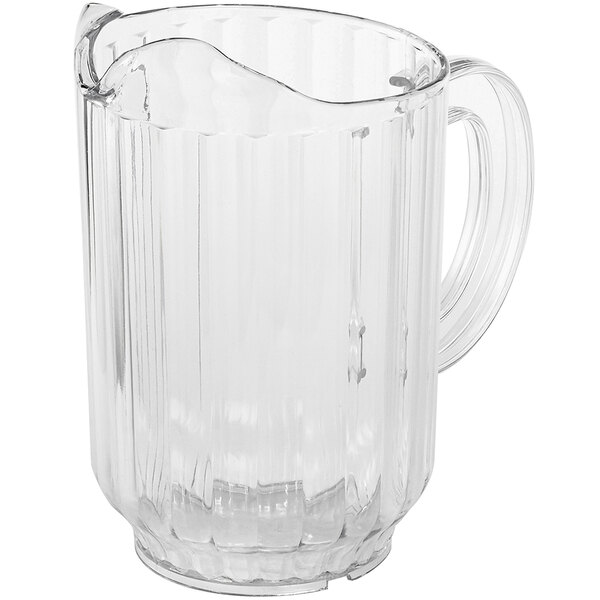 A clear plastic beverage pitcher with a handle and spout.