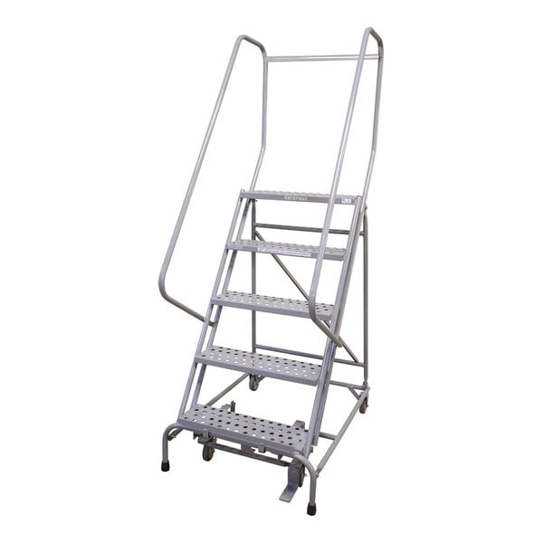A gray powder-coated steel rolling ladder with five serrated steps, handrails, and wheels.