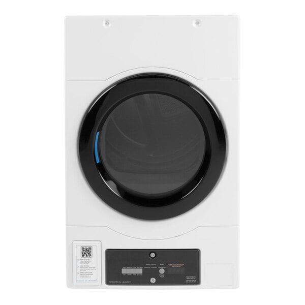 A white, front-load, stackable commercial gas dryer with a circular black door and a control panel at the bottom.