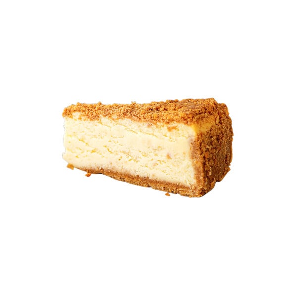 A slice of ricotta cheesecake with a crumbly topping and crust.