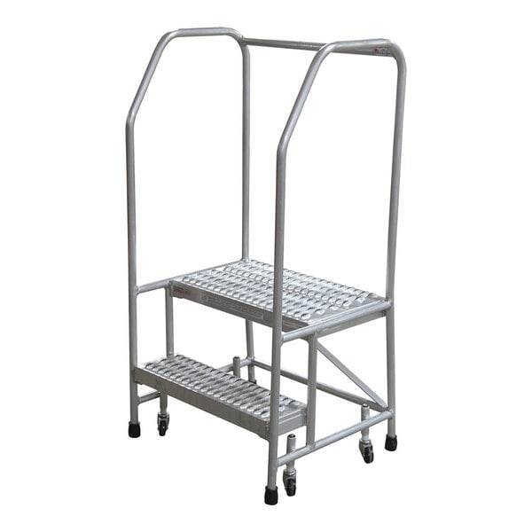 A two-step welded aluminum rolling ladder with handrails and serrated tread.