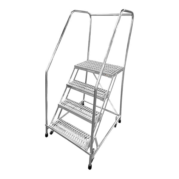 A four-step welded aluminum rolling ladder with handrails and serrated tread.