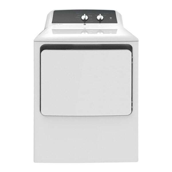 A white front-load gas-powered commercial dryer with a control panel featuring two dials.