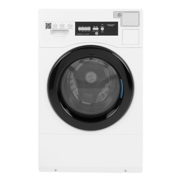 A white front-load commercial washing machine with a black door and digital control panel.