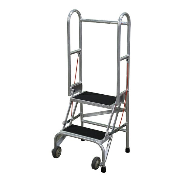 A two-step aluminum foldable rolling ladder with ribbed vinyl tread and handrails.