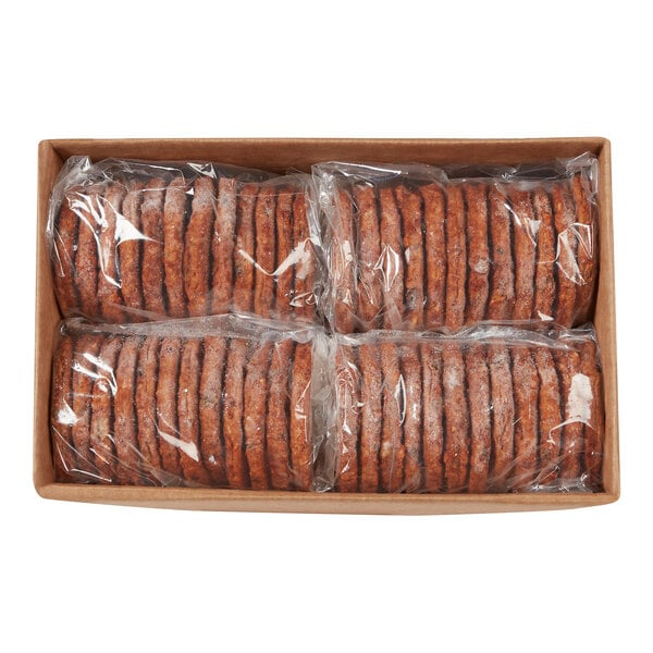 A box containing 48 individually wrapped frozen veggie burger patties.
