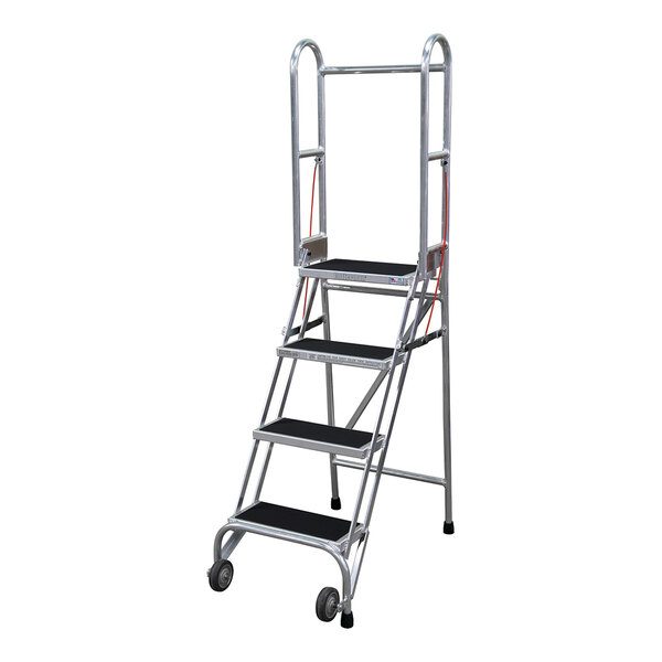 A four-step aluminum foldable rolling ladder with ribbed vinyl treads and handrails.