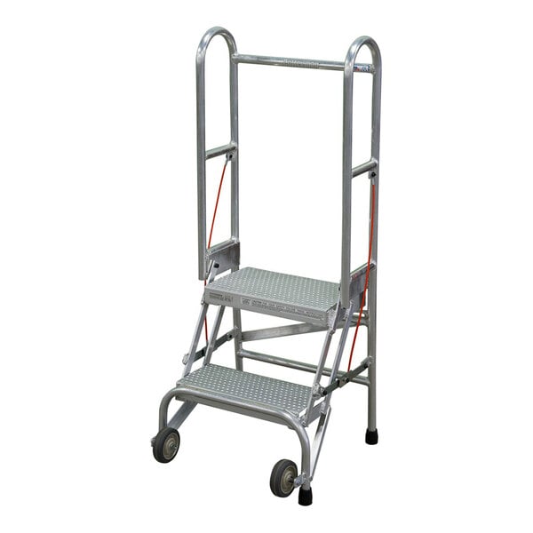 A two-step aluminum foldable rolling ladder with perforated tread and handrails.