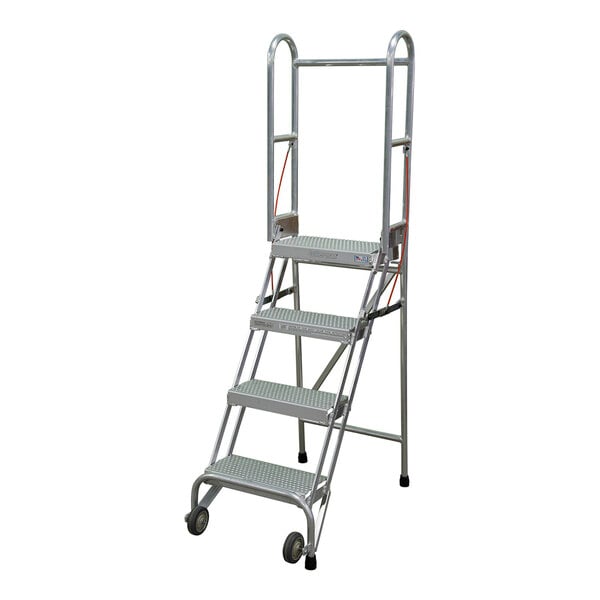 A four-step aluminum foldable rolling ladder with perforated tread and handrails.