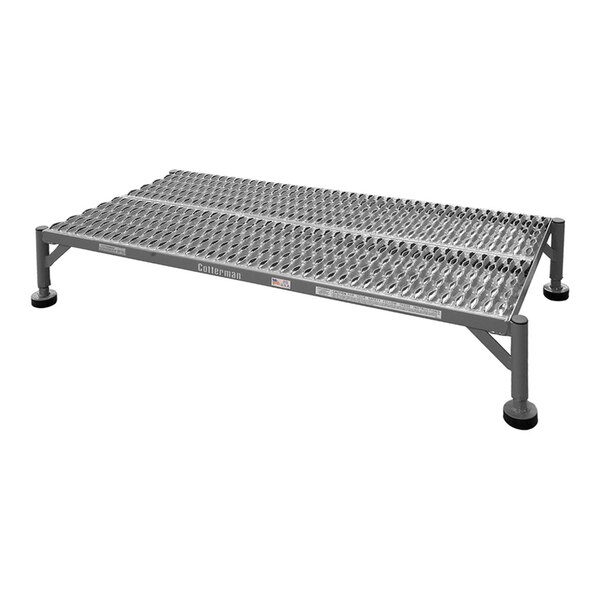 A steel adjustable 1-step work platform with a serrated tread surface and rubber grips.