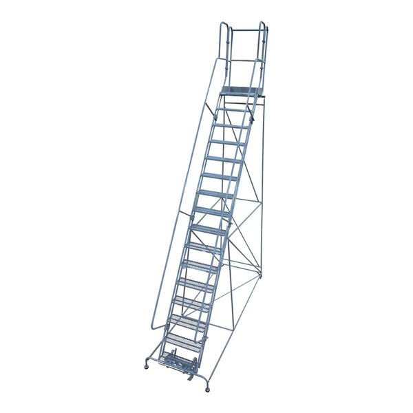A tall, gray powder-coated steel rolling ladder with 16 steps, side handrails, a top platform, and perforated treads.