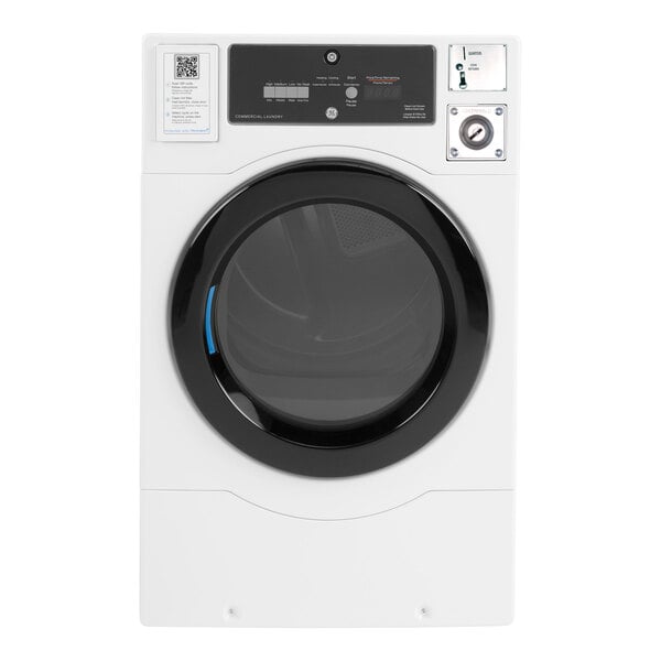 A front-load electric commercial dryer with a coin and app payment system.