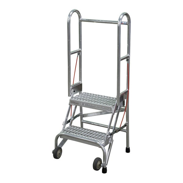 A two-step aluminum foldable rolling ladder with handrails and wheels.