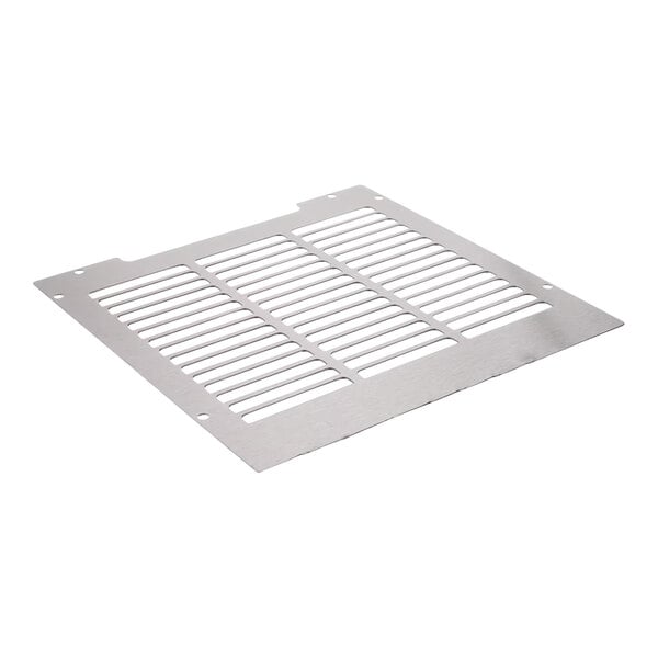 A stainless steel louvered front grille panel with horizontal slats and mounting holes at the corners.