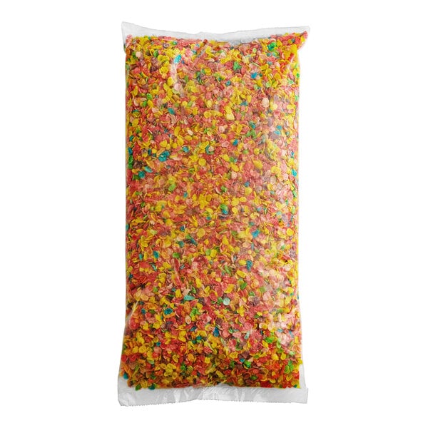 A large clear plastic bag filled with colorful Fruity Pebbles cereal.