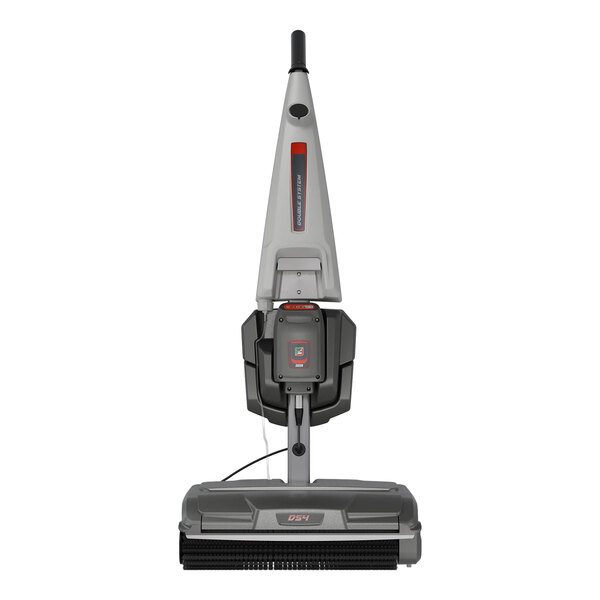 A cordless walk-behind cylindrical floor scrubber with a squeegee attachment.