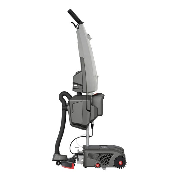A cordless walk-behind cylindrical floor scrubber with a squeegee attachment and a 0.74-gallon tank.