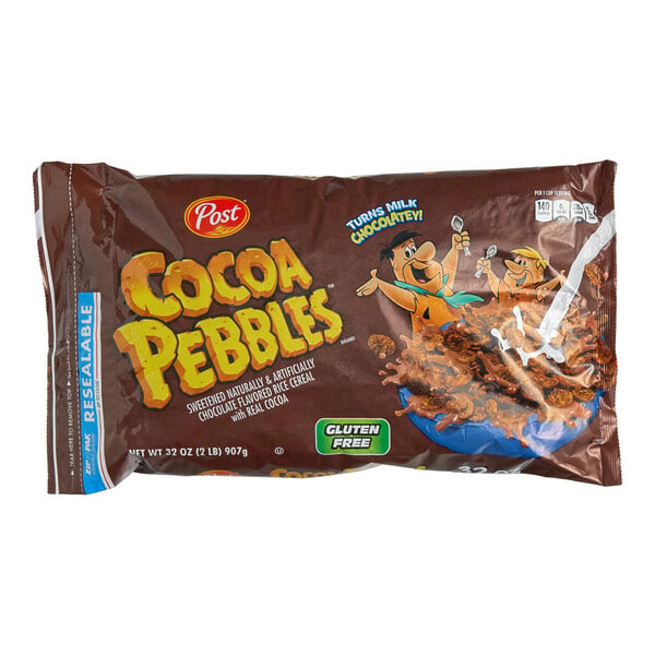 A brown resealable bag of Post Cocoa Pebbles cereal featuring cartoon characters and a bowl of chocolate cereal with milk on the front.